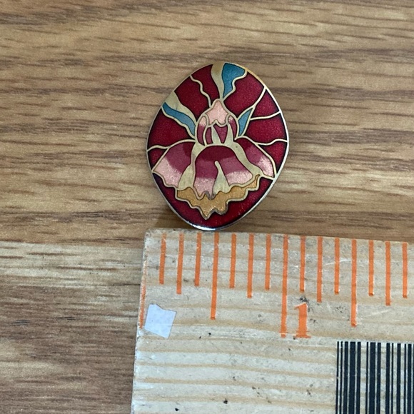 Vintage Cloisonne Oval Clip On Earrings Floral Flower Red -Pink -Green Gold Tone - Picture 5 of 7